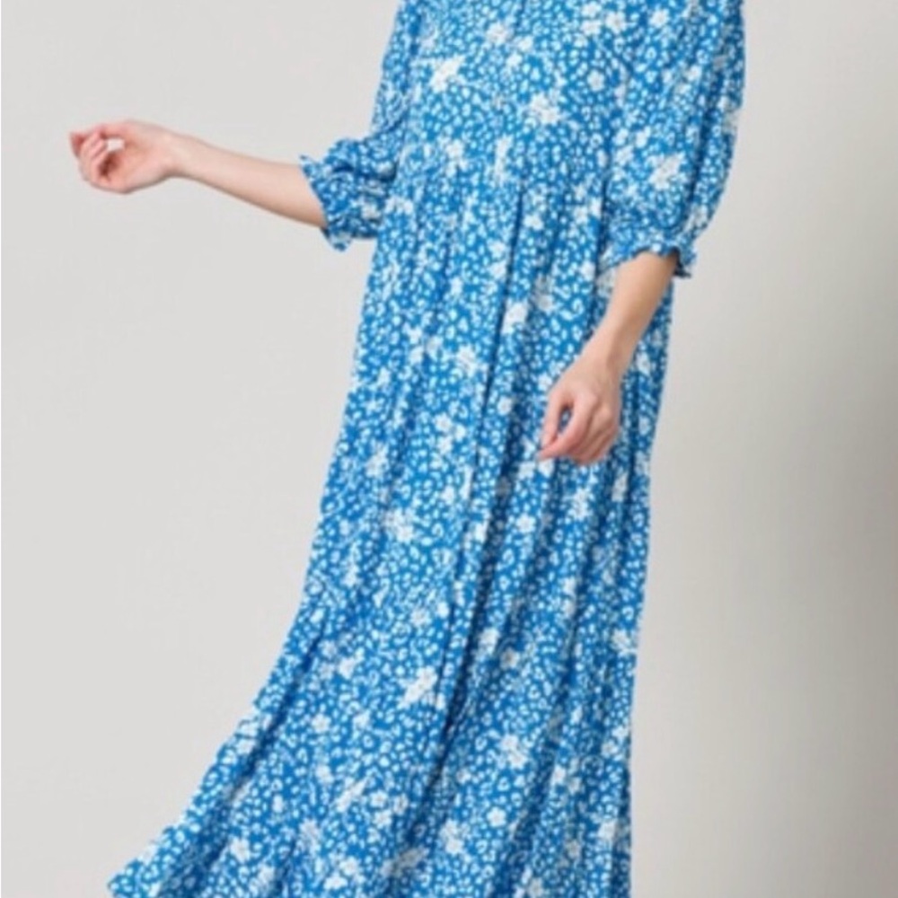 Karlie Blue Floral Maxi Dress with Puff Sleeves
